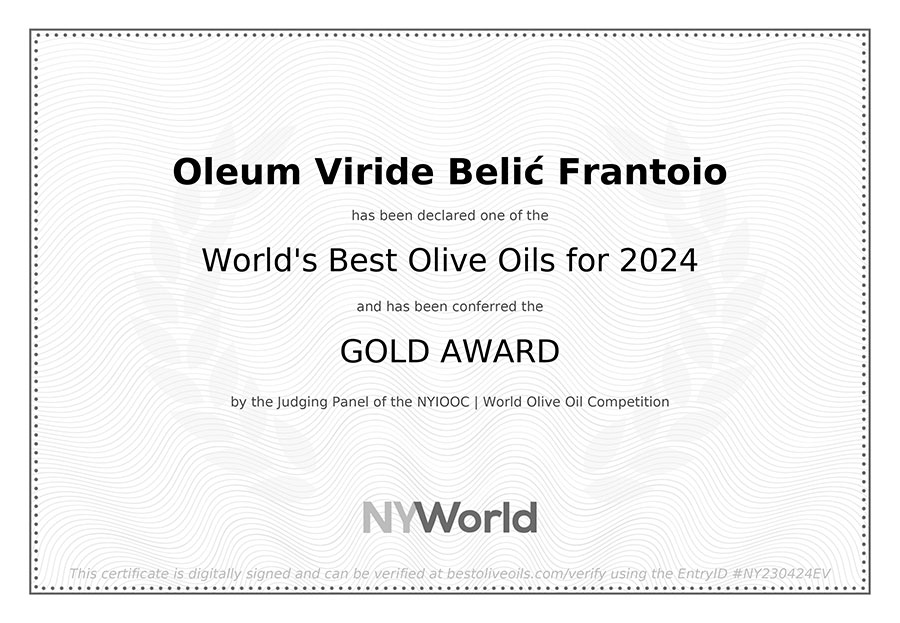 Gold Award for Oleum Viride Belić Frantoio at the World’s Best Olive Oils 2024