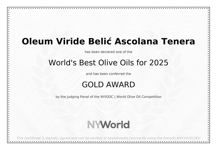Gold Award for Oleum Viride Belić Ascolana Tenera at the World’s Best Olive Oils 2025
