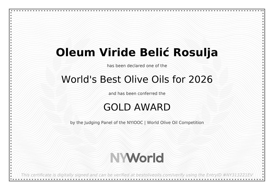 Gold Award for Oleum Viride Belić Rosulja at the World’s Best Olive Oils 2026