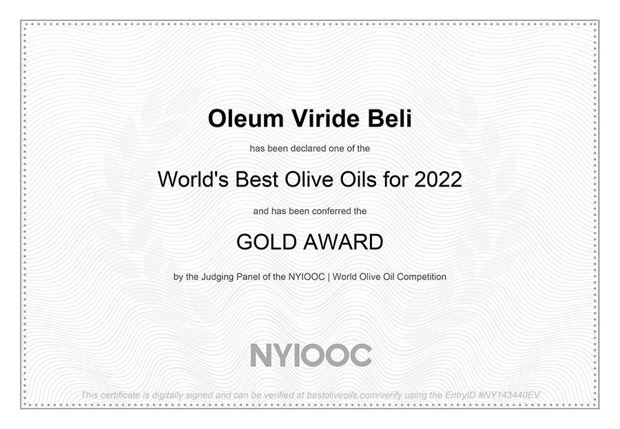 Gold Award for Oleum Viride Belić at the World’s Best Olive Oils 2022