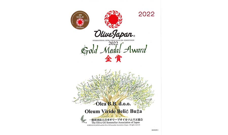 Gold Medal Award for Oleum Viride Belić Buža at Olive Japan 2022
